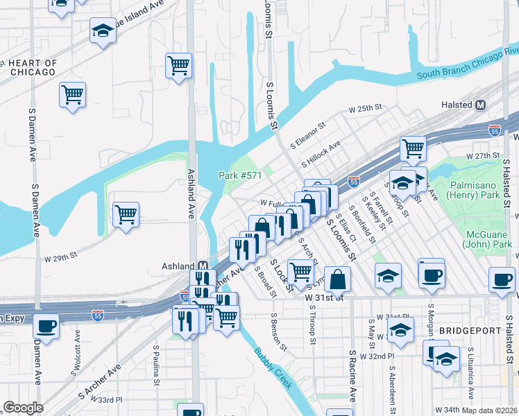 map of restaurants, bars, coffee shops, grocery stores, and more near 1408 West Fuller Street in Chicago