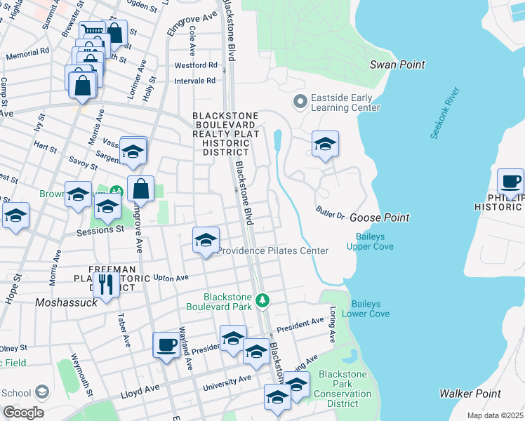 map of restaurants, bars, coffee shops, grocery stores, and more near 245 Blackstone Boulevard in Providence