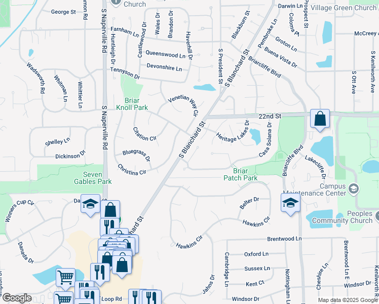 map of restaurants, bars, coffee shops, grocery stores, and more near 171 Christina Circle in Wheaton