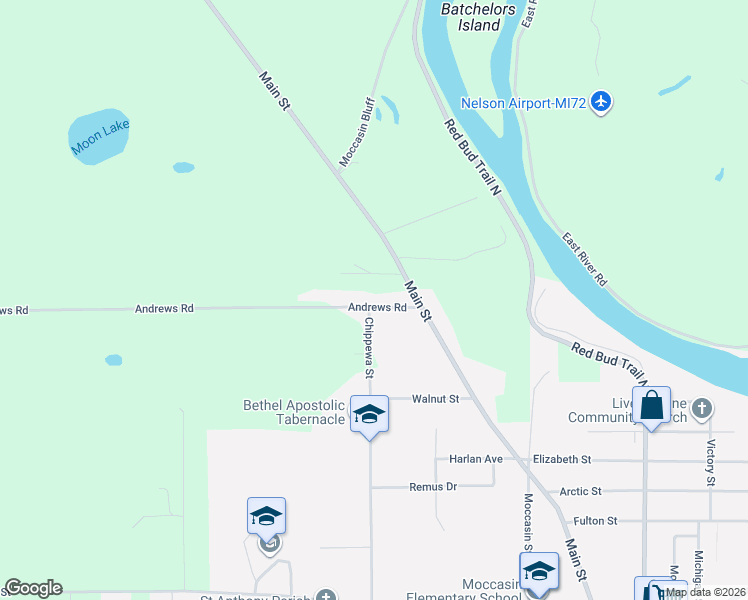 map of restaurants, bars, coffee shops, grocery stores, and more near 3631 Andrews Road in Buchanan