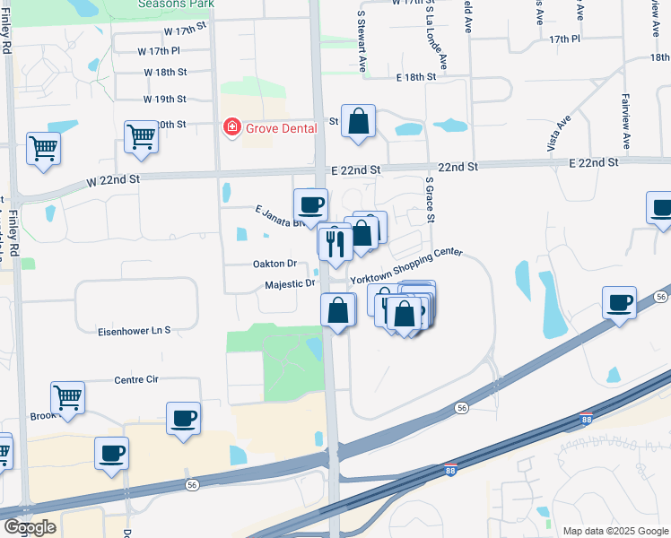 map of restaurants, bars, coffee shops, grocery stores, and more near 1 Yorktown Shopping Center in Lombard