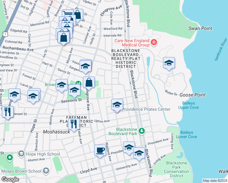 map of restaurants, bars, coffee shops, grocery stores, and more near 296 Cole Avenue in Providence