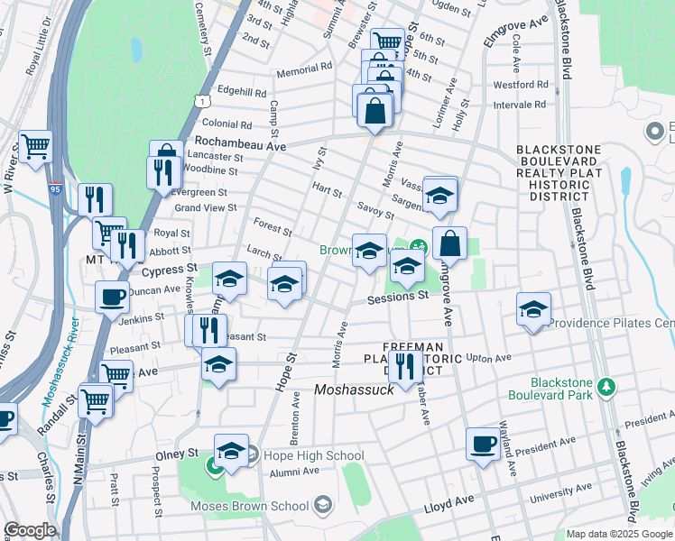 map of restaurants, bars, coffee shops, grocery stores, and more near 578 Hope Street in Providence