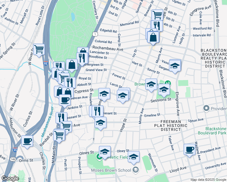 map of restaurants, bars, coffee shops, grocery stores, and more near 30 Larch Street in Providence