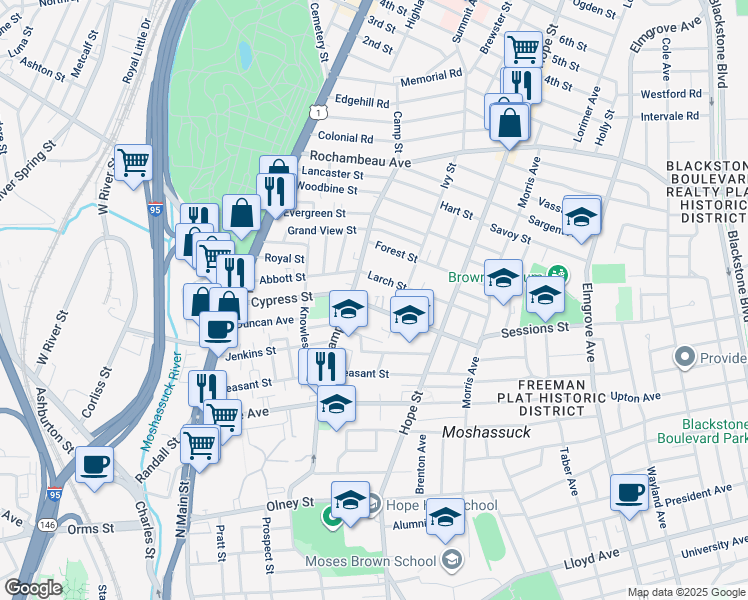 map of restaurants, bars, coffee shops, grocery stores, and more near 30 Larch Street in Providence