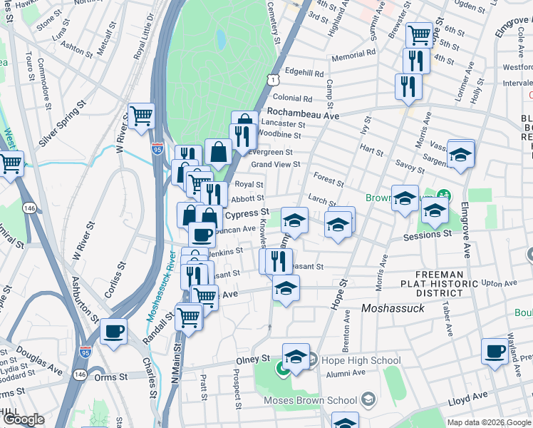 map of restaurants, bars, coffee shops, grocery stores, and more near 82 Cypress Street in Providence