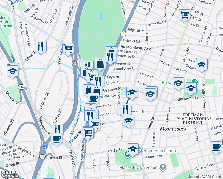 map of restaurants, bars, coffee shops, grocery stores, and more near 55 Abbott Street in Providence