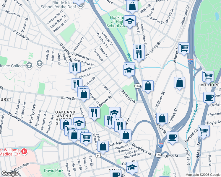 map of restaurants, bars, coffee shops, grocery stores, and more near 134 Pumgansett Street in Providence