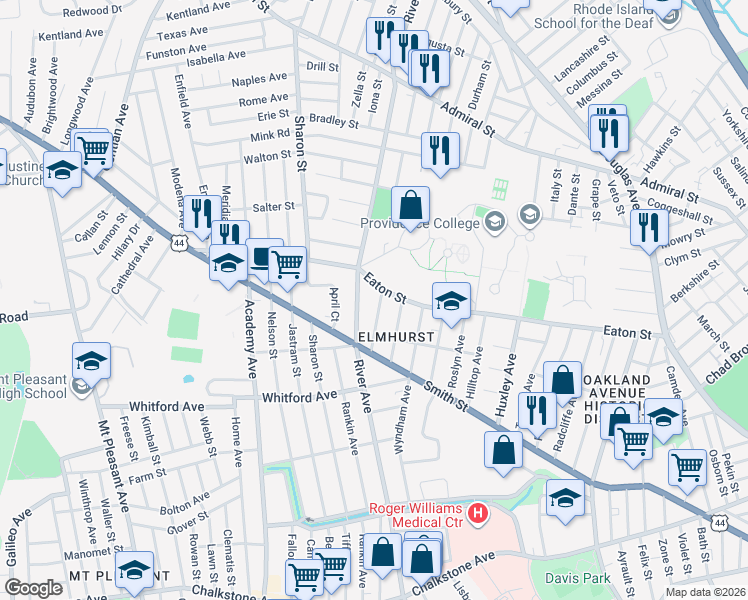 map of restaurants, bars, coffee shops, grocery stores, and more near 539 River Avenue in Providence