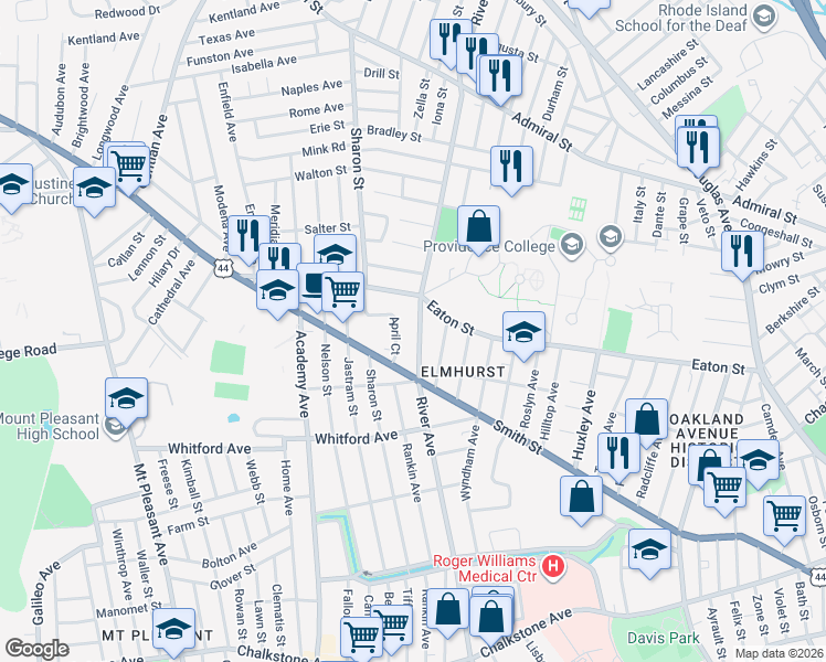 map of restaurants, bars, coffee shops, grocery stores, and more near 539 River Avenue in Providence