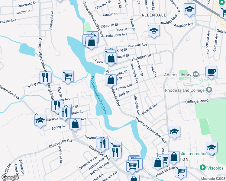 map of restaurants, bars, coffee shops, grocery stores, and more near in North Providence