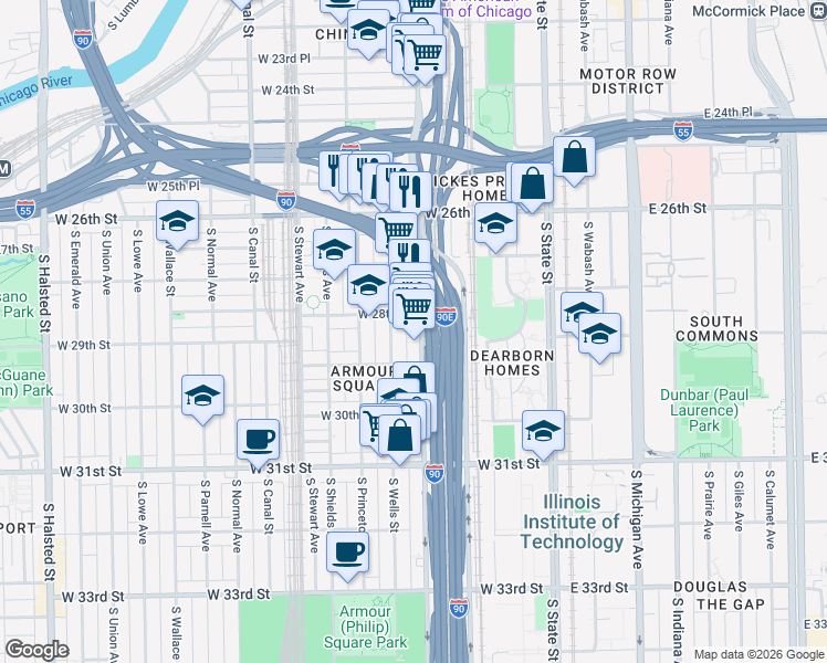 map of restaurants, bars, coffee shops, grocery stores, and more near 2823 South Wentworth Avenue in Chicago