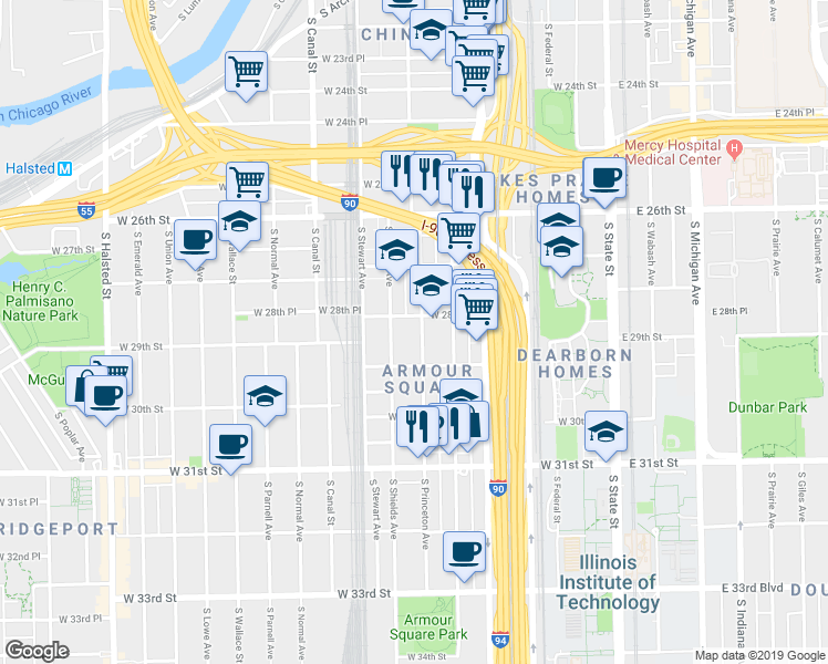 map of restaurants, bars, coffee shops, grocery stores, and more near 301 West 28th Place in Chicago