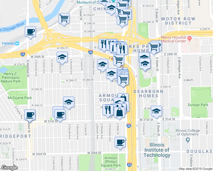 map of restaurants, bars, coffee shops, grocery stores, and more near 301 West 28th Place in Chicago