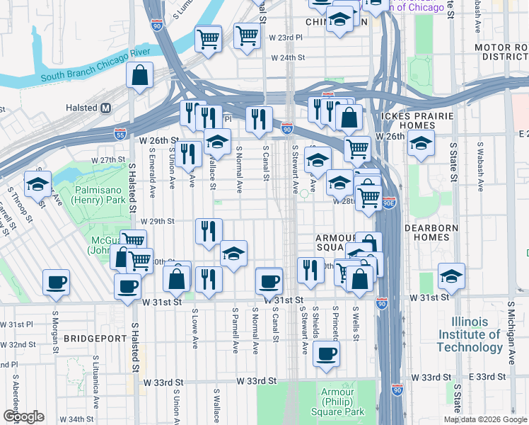 map of restaurants, bars, coffee shops, grocery stores, and more near 461 West 28th Place in Chicago