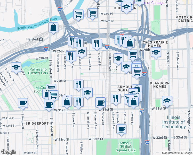 map of restaurants, bars, coffee shops, grocery stores, and more near 461 West 28th Place in Chicago