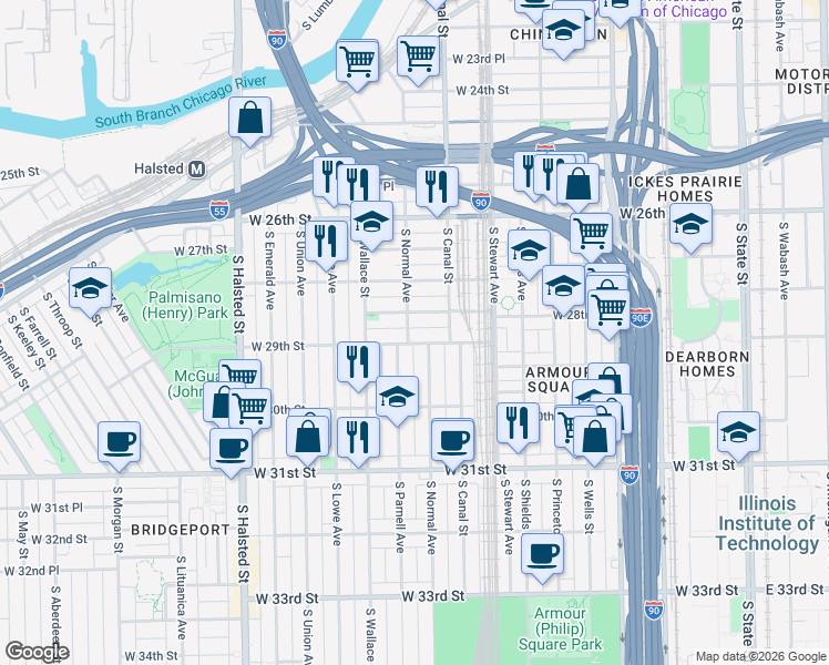 map of restaurants, bars, coffee shops, grocery stores, and more near 461 West 28th Place in Chicago
