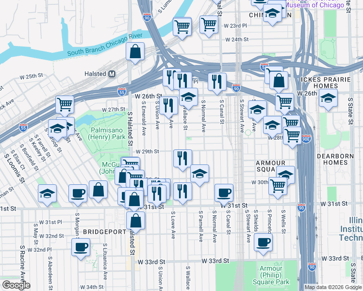 map of restaurants, bars, coffee shops, grocery stores, and more near in Chicago