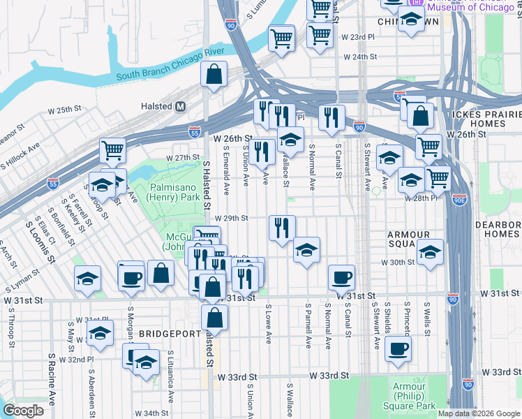 map of restaurants, bars, coffee shops, grocery stores, and more near 2835 South Union Avenue in Chicago
