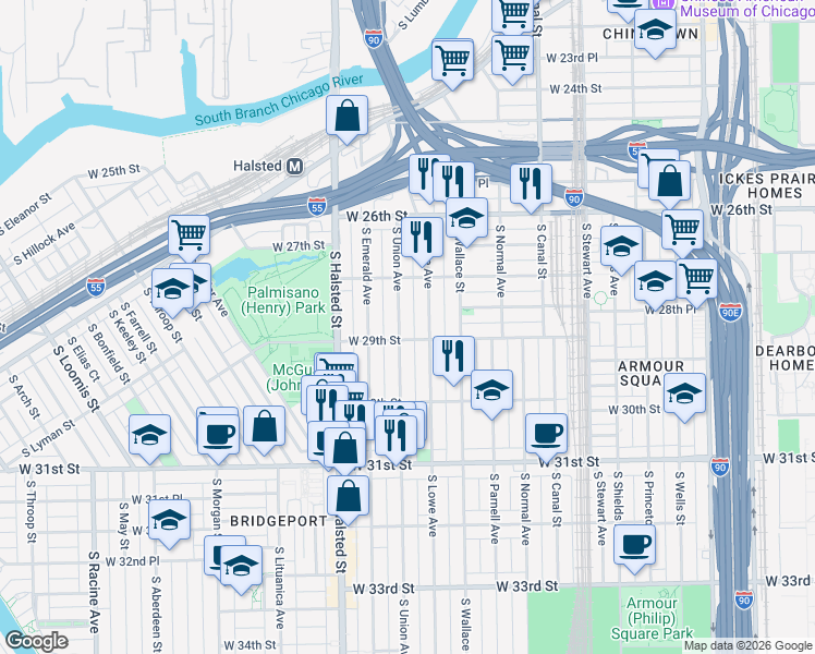 map of restaurants, bars, coffee shops, grocery stores, and more near 2835 South Union Avenue in Chicago