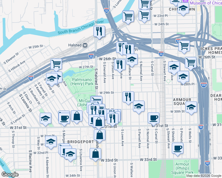 map of restaurants, bars, coffee shops, grocery stores, and more near 2835 South Emerald Avenue in Chicago