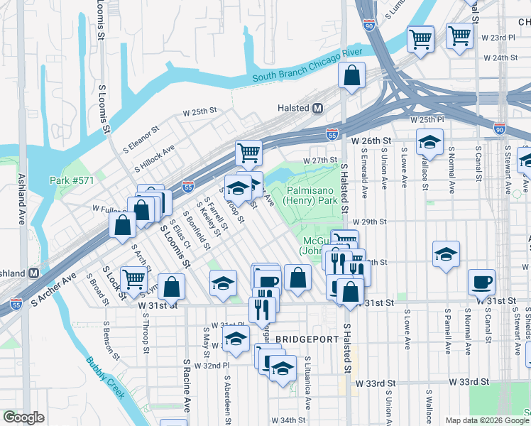 map of restaurants, bars, coffee shops, grocery stores, and more near 2832 South Poplar Avenue in Chicago