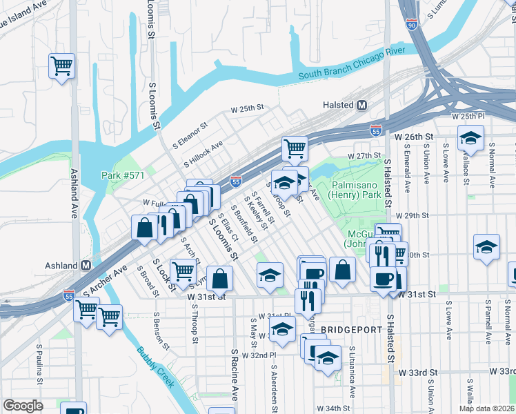 map of restaurants, bars, coffee shops, grocery stores, and more near 2829 South Farrell Street in Chicago