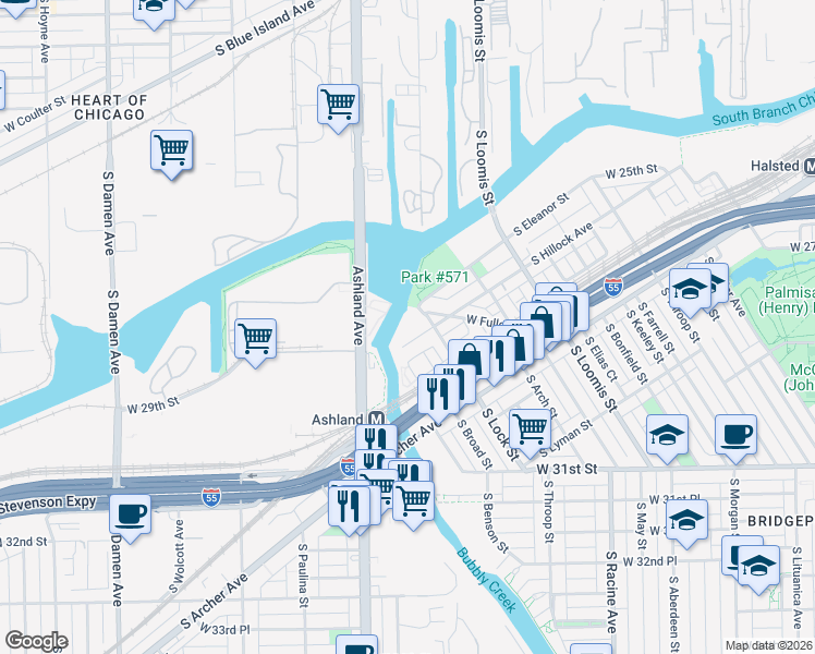 map of restaurants, bars, coffee shops, grocery stores, and more near 2814 South Lock Street in Chicago