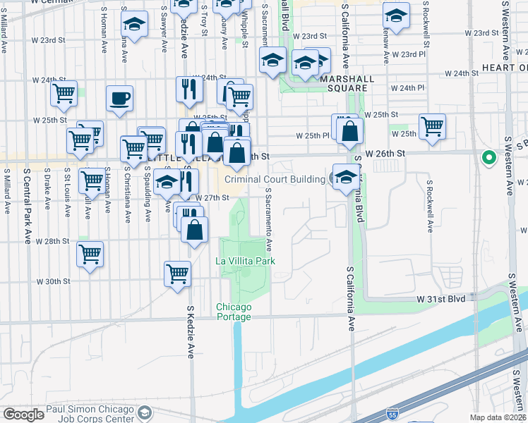 map of restaurants, bars, coffee shops, grocery stores, and more near 2704 South Sacramento Avenue in Chicago