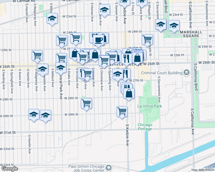 map of restaurants, bars, coffee shops, grocery stores, and more near 2701 South Christiana Avenue in Chicago