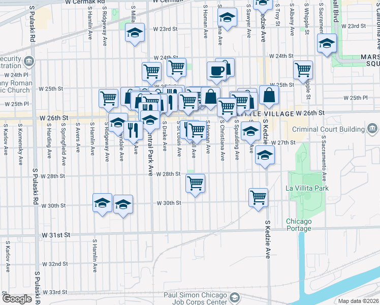 map of restaurants, bars, coffee shops, grocery stores, and more near 2701 South Trumbull Avenue in Chicago