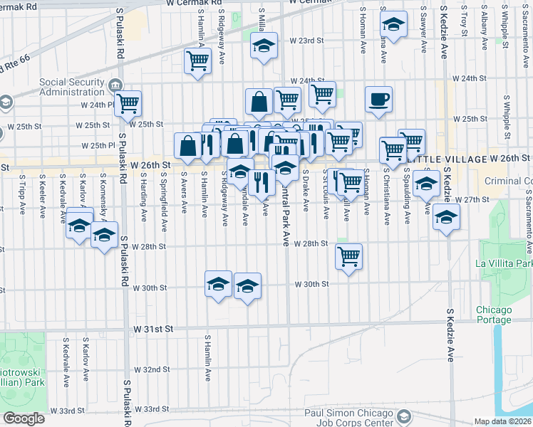 map of restaurants, bars, coffee shops, grocery stores, and more near 3617 West 27th Street in Chicago