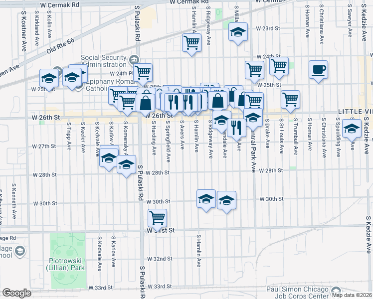 map of restaurants, bars, coffee shops, grocery stores, and more near 2658 South Hamlin Avenue in Chicago