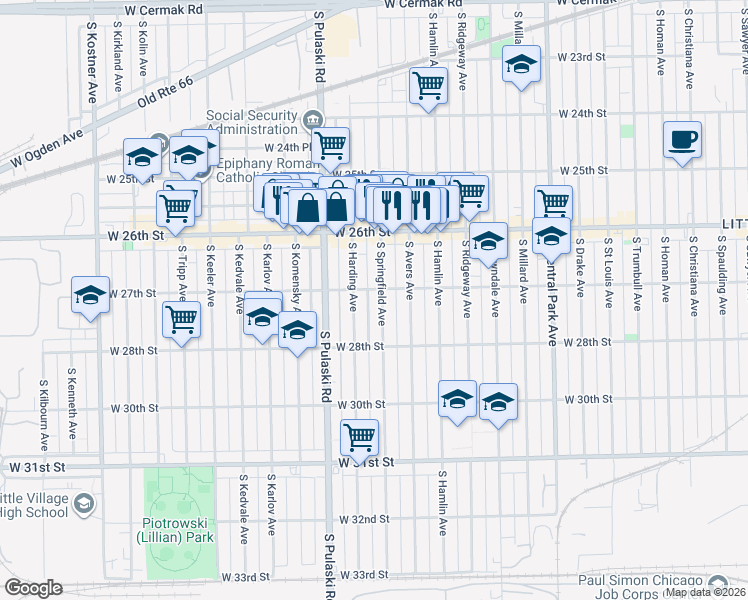 map of restaurants, bars, coffee shops, grocery stores, and more near 2657 South Harding Avenue in Chicago
