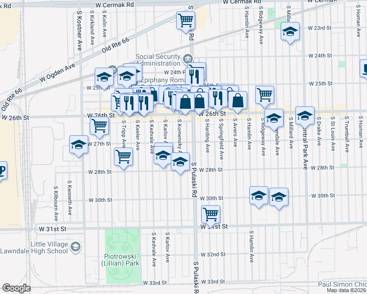 map of restaurants, bars, coffee shops, grocery stores, and more near 2658 South Komensky Avenue in Chicago