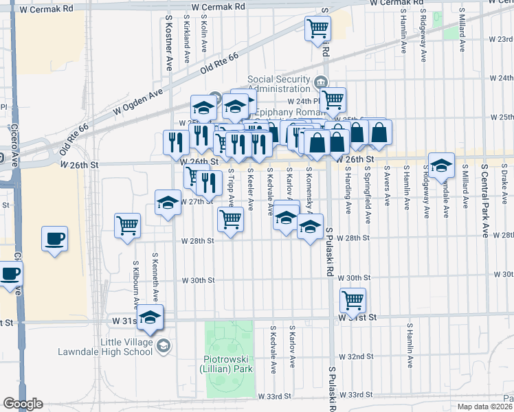 map of restaurants, bars, coffee shops, grocery stores, and more near 2657 South Keeler Avenue in Chicago