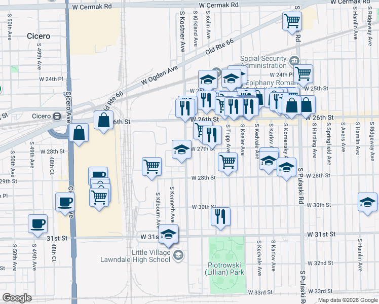map of restaurants, bars, coffee shops, grocery stores, and more near 2656 South Kolin Avenue in Chicago