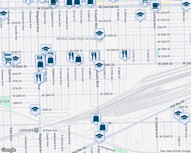 map of restaurants, bars, coffee shops, grocery stores, and more near 2628 South Austin Boulevard in Cicero