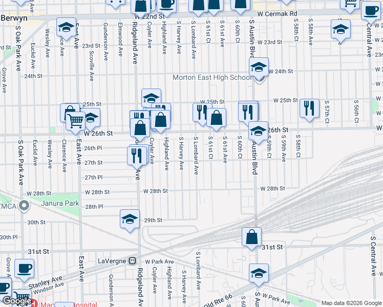 map of restaurants, bars, coffee shops, grocery stores, and more near 2626 Lombard Avenue in Berwyn
