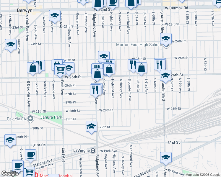 map of restaurants, bars, coffee shops, grocery stores, and more near 2621 Cuyler Avenue in Berwyn