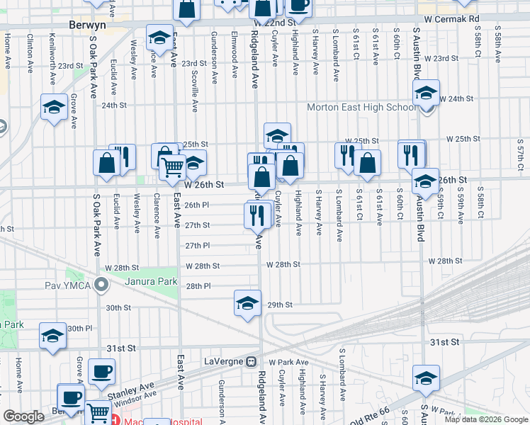 map of restaurants, bars, coffee shops, grocery stores, and more near 2623 Ridgeland Avenue in Berwyn