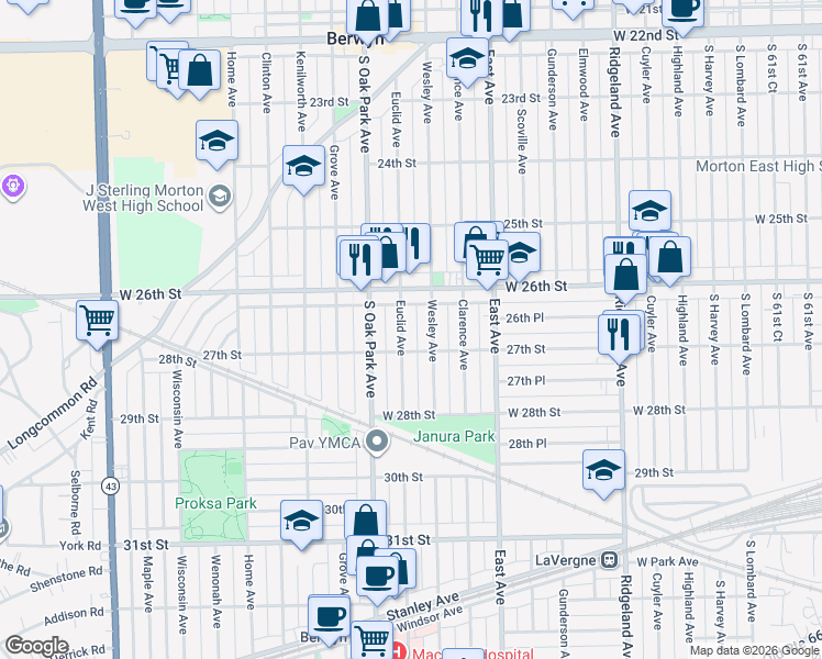 map of restaurants, bars, coffee shops, grocery stores, and more near in Berwyn
