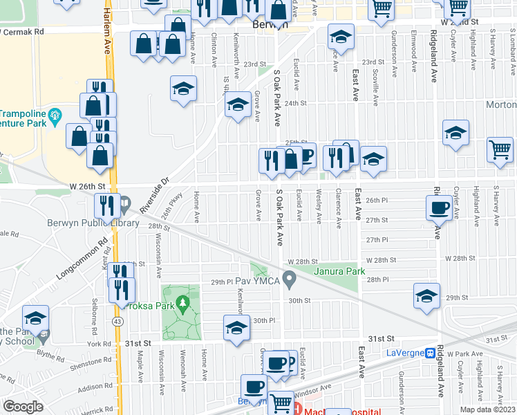 map of restaurants, bars, coffee shops, grocery stores, and more near 2620 Grove Avenue in Berwyn