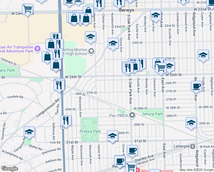 map of restaurants, bars, coffee shops, grocery stores, and more near 2621 Clinton Avenue in Berwyn