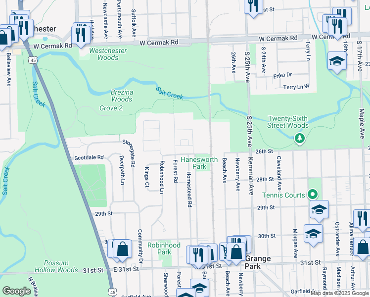 map of restaurants, bars, coffee shops, grocery stores, and more near 1634 Barnsdale Road in La Grange Park