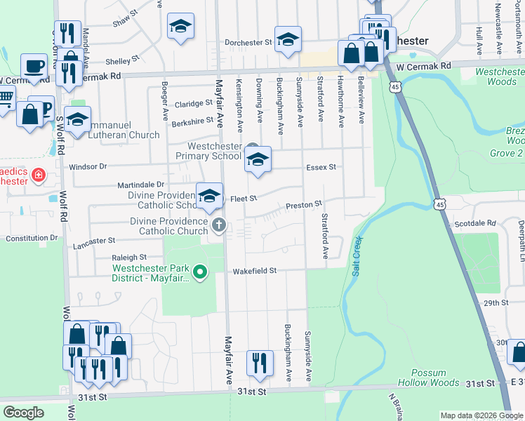 map of restaurants, bars, coffee shops, grocery stores, and more near 10675 Fleet Street in Westchester
