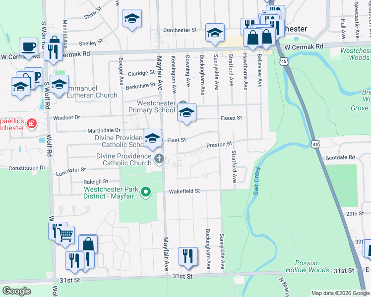 map of restaurants, bars, coffee shops, grocery stores, and more near 10675 Fleet Street in Westchester