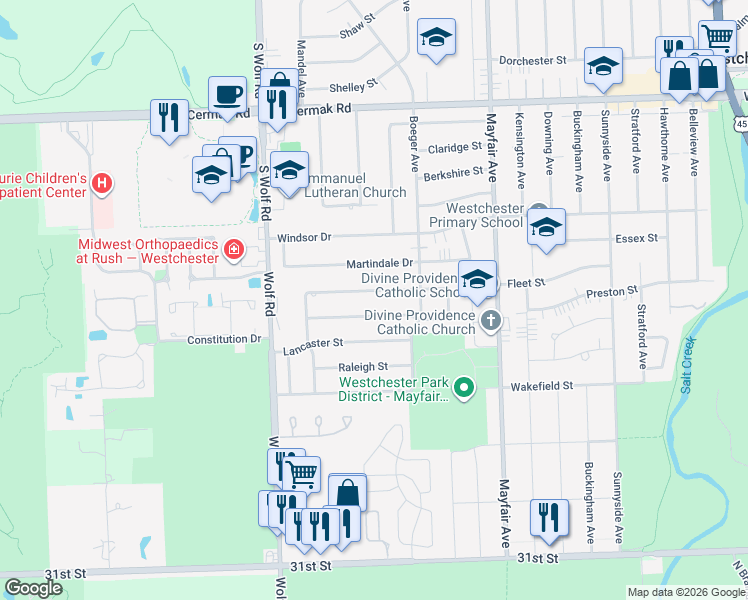 map of restaurants, bars, coffee shops, grocery stores, and more near 11020 Nelson Street in Westchester