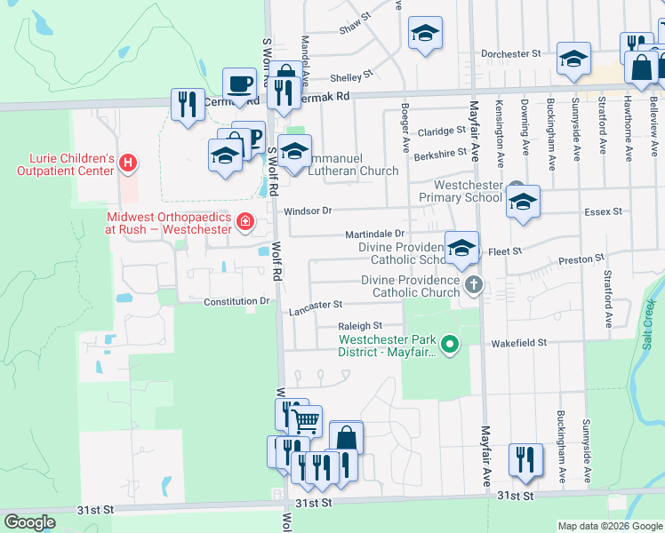 map of restaurants, bars, coffee shops, grocery stores, and more near 11100 Nelson Street in Westchester
