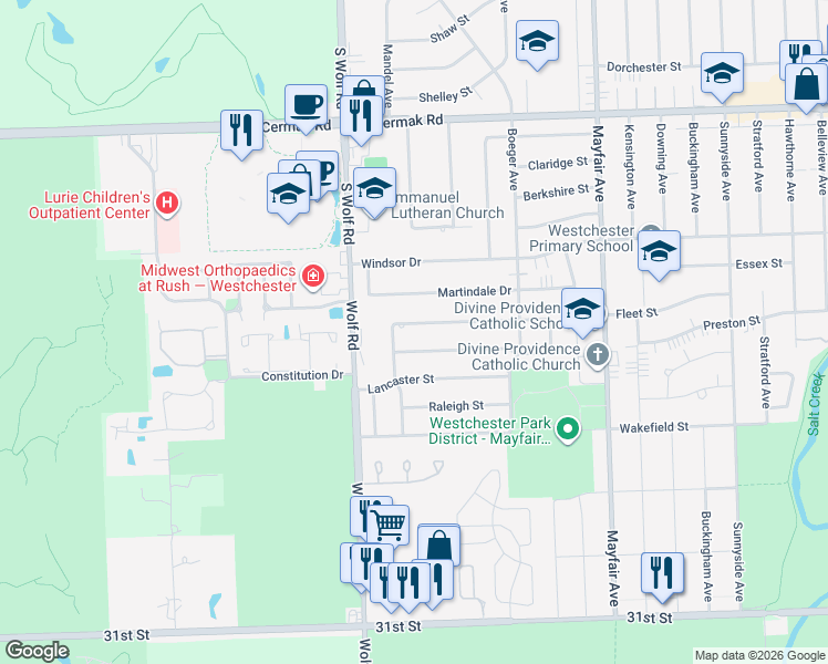 map of restaurants, bars, coffee shops, grocery stores, and more near 11100 Nelson Street in Westchester